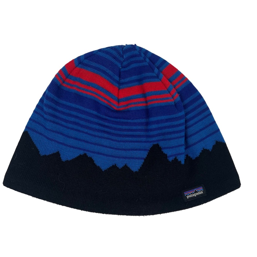 Patagonia Mountain Silhouette Beanie Blue Red Striped Knit Skull Cap Hat